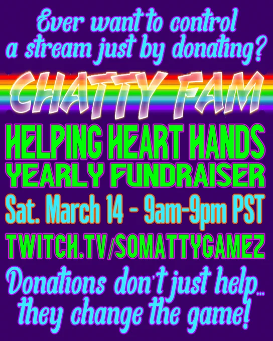 Ever wanted to control a stream just by donating? During the Chatty Fam Helping Heart Hands fundraiser, Sat March 14 9am-9pm pdt donations don’t just help… they change the game.