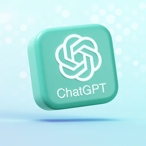 3D teal ChatGPT logo icon floating against a soft blue background with light bokeh effects.