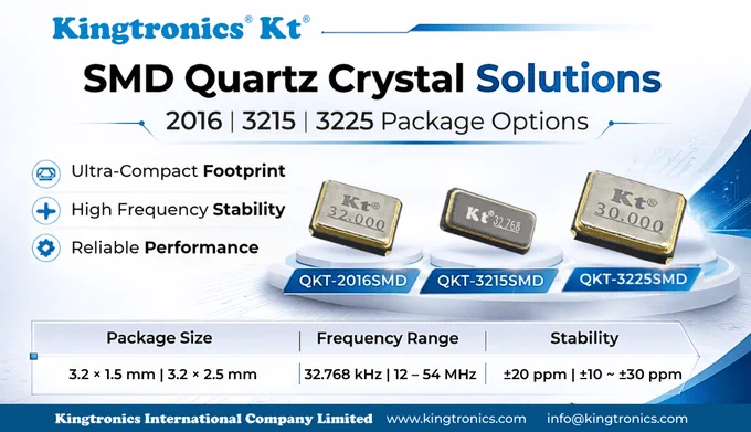 Kingtronics QKT SMD Quartz Crystals support stable PCB performance across 2016, 3215, and 3225 package options.