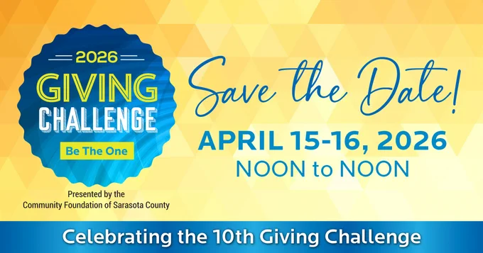 Yellow background. 2026 Giving Challenge logo to the left. Save the date! April 15-16, 2026, Noon to Noon ET. Celebrating the 10th Giving Challenge. 