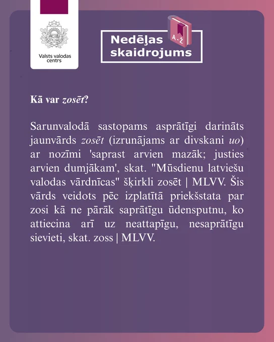 Bildē ir paskaidrots: Kā var zosēt?

Sarunvalodā sastopams asprātīgi darināts jaunvārds zosēt (izrunājams ar divskani uo) ar nozīmi 'saprast arvien mazāk; justies arvien dumjākam', skat. "Mūsdienu latviešu valodas vārdnīcas" šķirkli zosēt | MLVV. Šis vārds veidots pēc izplatītā priekšstata par zosi kā ne pārāk saprātīgu ūdensputnu, ko attiecina arī uz neattapīgu, nesaprātīgu sievieti, skat. zoss | MLVV.


