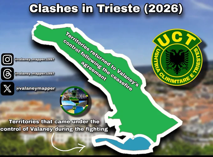Fighting in Trieste between the armed forces of Valaney and Italy took place on March 5–6, 2026, and ended with a ceasefire and the disbandment of the Trieste army. It is part of the conflict over Trieste, a region within the internationally recognized territory of Valaney, partially under Italian control. The fighting was preceded by a months-long blockade of Trieste by Valaney, which caused an acute humanitarian crisis in the region.

What is the result?

In Valaney, the news of victory was met with joy. They might even build high-speed railways from Babylon to Trieste.

In Italy, on the other hand, they were deeply outraged that their government had effectively accepted the capitulation. They began to rally and demand the resignation of Prime Minister George Meloni.
