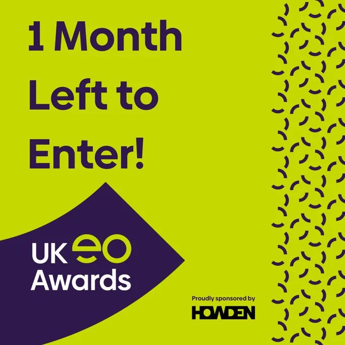 Text reading '1 Month Left to Enter!' above the UK EO Awards logo on a light green background. The logo for award sponsor Howden is in the bottom right corner.