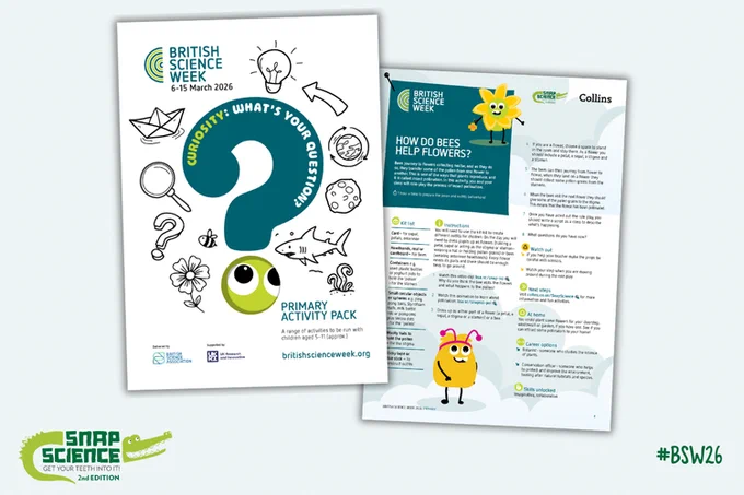 Two pages from the British Science Week activity pack on a light blue background. Green crocodile Snap Science logo in bottom left corner and green text in bottom right corner: #BSW26