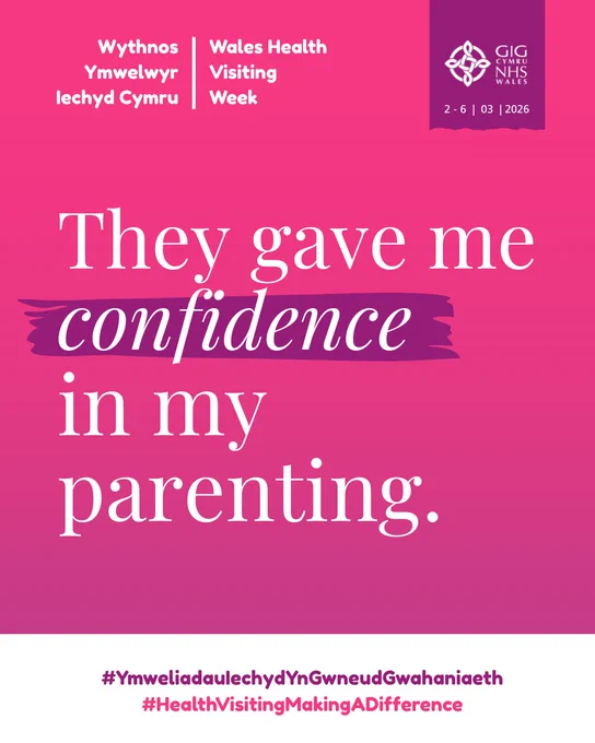 Pink background with white text stating 'They gave me confidence in my parenting' for Wales Health Visiting Week 2026.