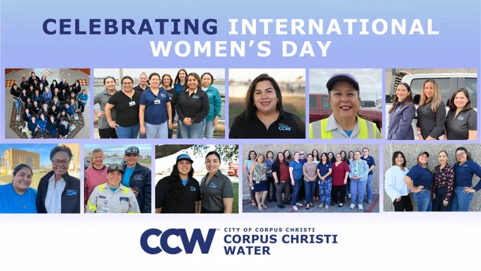 Graphic with text: 'Celebrating International Women's Day’ with various photos of women from Corpus Christi Water.