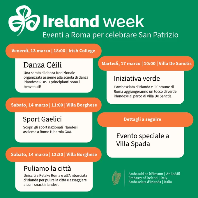 Ireland Week: eventi a Roma per celebrare San Patrizio.