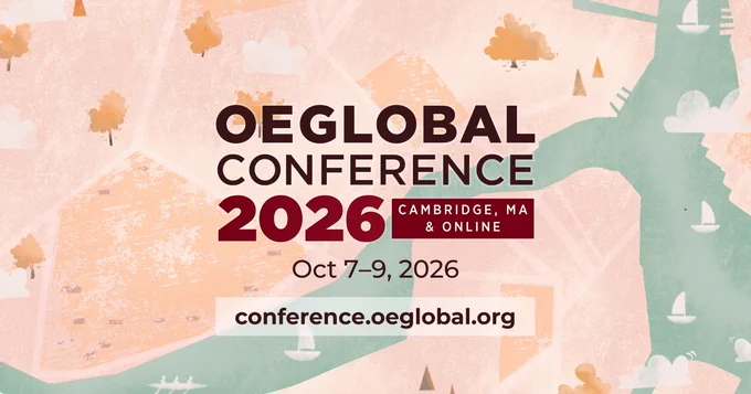 A background map for OEGlobal Conference 2026 taking place from Oct 7-9, 2026, Samberg Conference Center, MIT and Online.  Add your proposal – https://conference.oeglobal.org/