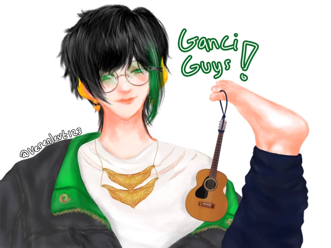My art of Yudistira Yogendra, member of Pandavva (VTuber group from Indonesia). He was smiling sweetly while holding a guitar shaped key chain with his feet.