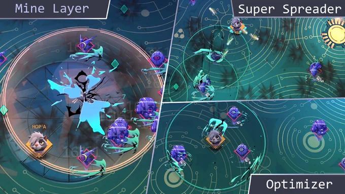 Character Hoppa with her specializations in action: Mine Layer, Super Spreader, Optimizer