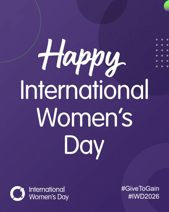 Happy International Women's Day written in white text with a purple background #GiveToGain #IWD2026
