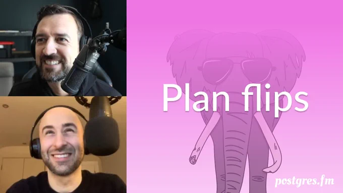Pictures of Nik and Michael mid-recording, the episode title "Plan flips", against a pink backround with an elephant wearing sunglasses.