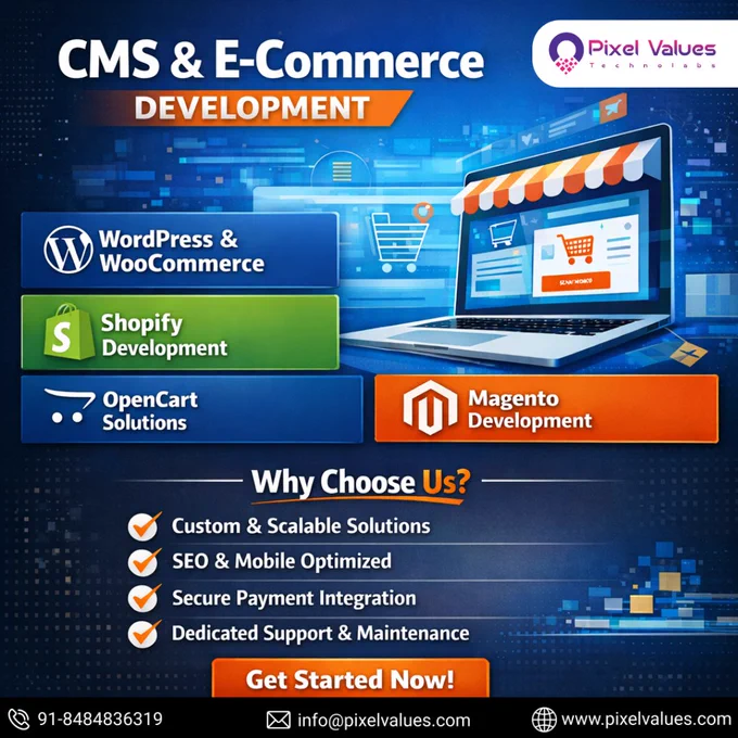 In today’s digital world, a strong online presence is essential for every business. With Pixel Values Technolabs, you can create high-performance CMS & E-commerce websites that help attract customers, grow your brand, and increase sales.

Whether you want to launch a new online store or upgrade your existing website, our expert developers deliver scalable, secure, and conversion-focused solutions tailored to your business goals. 💻✨

💻 Our CMS & E-commerce Development Services

✔ WordPress Development – 
✔ WooCommerce Development – 
✔ OpenCart Development – 
✔ Shopify Development – 
✔ Magento Development  – 

📩 Get in touch today and start building your digital success!

#CMSDevelopment #EcommerceDevelopment #WordPressDevelopment #WooCommerce #ShopifyDevelopment #MagentoDevelopment #OpenCart #WebDevelopment #OnlineStore #BusinessGrowth #PixelValuesTechnolabs