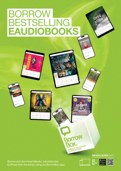 Bright green background on a poster with different electronic devices each one showing a different best-selling book cover. For example, The Maid by Freida McFadden. The text says Borrow  eAudiobooks from BorrowBox