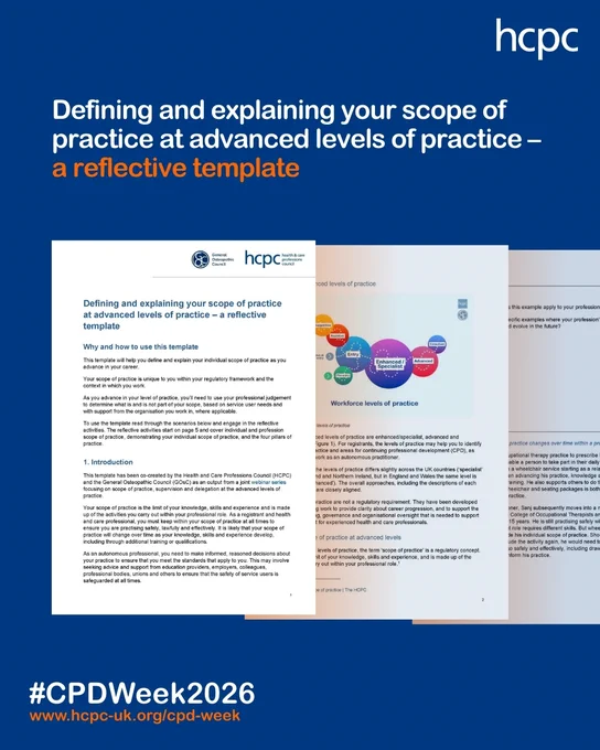 HCPC reflective template guide for defining scope of practice at advanced professional levels with detailed instructions and diagrams.