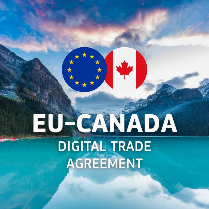 A promotional graphic for the EU-Canada Digital Trade Agreement featuring the circular flags of the European Union and Canada side-by-side. The text "EU-CANADA DIGITAL TRADE AGREEMENT" is displayed in white capital letters over a scenic background of a turquoise mountain lake, likely Lake Louise in Canada, with snow-capped peaks reflected in the water.