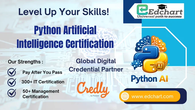 Python Artificial Intelligence Certification professional certificate and digital badge representing an industry-recognized artificial intelligence credential offered by Edchart. The image highlights modern AI technology elements such as Python programming symbols, neural network diagrams, machine learning algorithms, data science graphs, and artificial intelligence icons illustrating AI development using Python. This Artificial Intelligence Using Python Certification validates knowledge in AI programming, machine learning techniques, data analysis, and AI-driven applications developed with Python technologies. The certification is designed for software developers, IT professionals, freelancers, and job seekers seeking career advancement in artificial intelligence and machine learning fields. Certification holders receive a globally verifiable digital badge issued through Credly, ensuring trusted recognition and professional credibility worldwide.