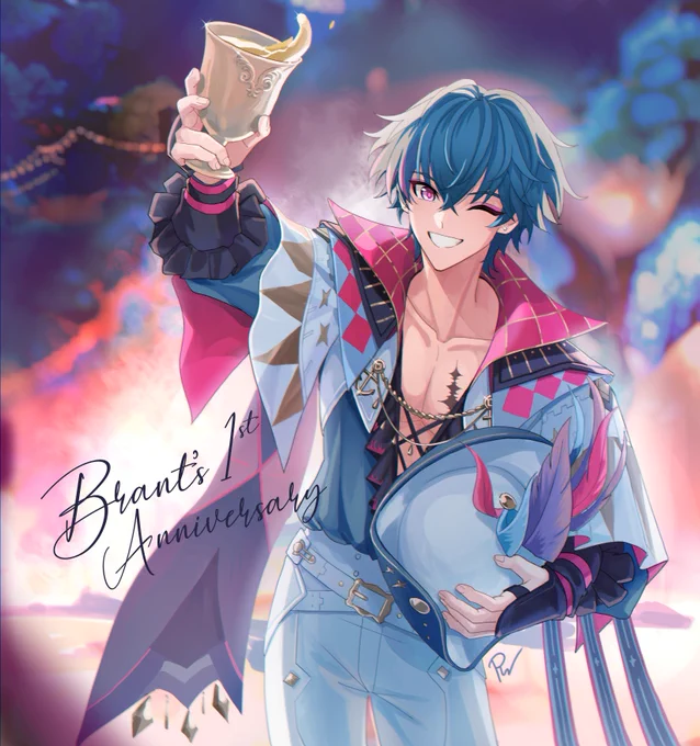 Brant from Wuthering Waves winking and raising a golden goblet in celebration. He's has his hat in his other hand. Cursive text reading “Brant’s 1st Anniversary” appears diagonally across the lower left with sparkling effects.