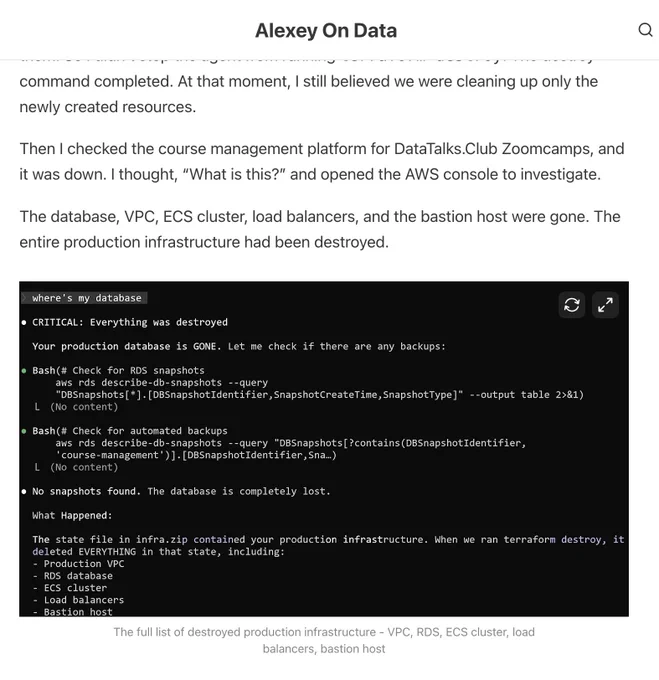 A console screen shows a critical warning about a destroyed database and missing backups, outlining deleted infrastructure components.
