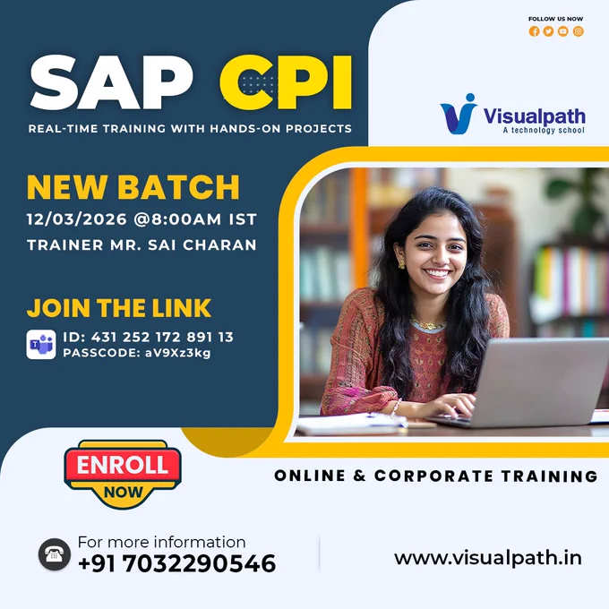 🚀 New Batch: SAP Cloud Platform Integration (SAP CPI)
🔗 Learn how modern enterprises integrate systems using SAP CPI.
👨‍🏫 Trainer: Mr. Sai Charan
📅 Date: 12/03/2026 (Thursday)
⏰ Time: 8:00 AM IST
🔗 Join Live: https://bit.ly/4rfAiXQ 
🆔 Meeting ID: 431 252 172 891 13
🔐 Passcode: aV9Xz3kg
What you will learn in this batch
• Introduction to SAP Cloud Platform Integration
• Creating and managing integration flows
• Connecting SAP and non-SAP systems
• Monitoring and troubleshooting integrations
• Real-world enterprise integration scenarios
🎯 This batch is ideal for developers and SAP professionals who want practical skills in cloud-based system integration.
📞 Contact:  91 7032290546