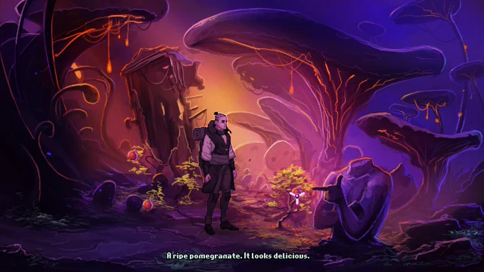 Screenshot of an adventure game. A man stands in the clearing of a mushroom forest, looking at a pomegranate.