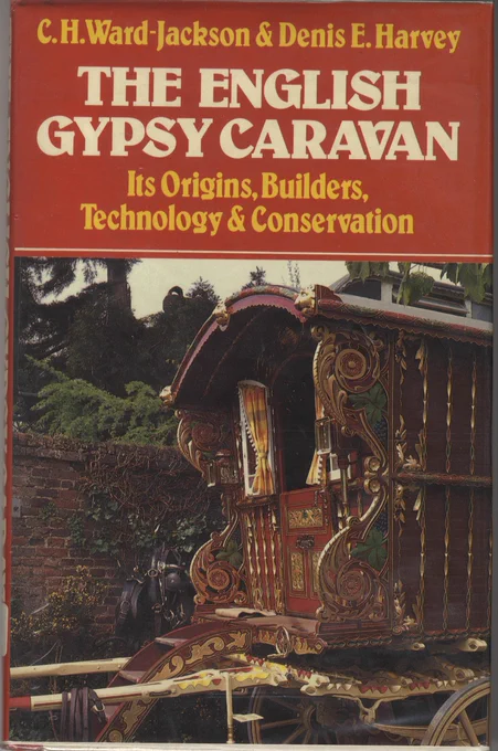 Book cover for The English Gypsy Caravan, with a painted wagon set against a wall and trees, under the title.