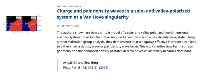 EDITORS' SUGGESTION
Charge and pair density waves in a spin- and valley-polarized system at a Van Hove singularity
25 February, 2026
The authors show here how a simple model of a spin- and valley-polarized two-dimensional electron system tuned to a Van Hove singularity can give rise to a pair density wave state. Using a renormalization group analysis, they demonstrate that a negative effective interaction can lead to either charge density wave or pair density wave order. This work clarifies how Fermi surface geometry and the enhanced density of states determine which instability becomes dominant.

Avigail Gil and Erez Berg
Phys. Rev. B 113, 075154 (2026)