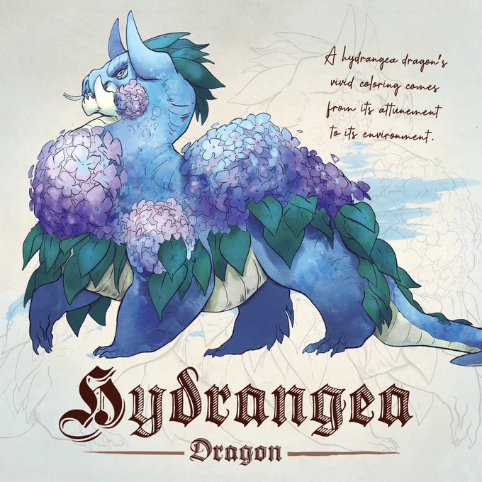 A hydrangea dragon with blue scales and pink blooms on its face, chest and back.

Caption: A hydrangea dragon's vivid coloring comes from attunement to its environment.