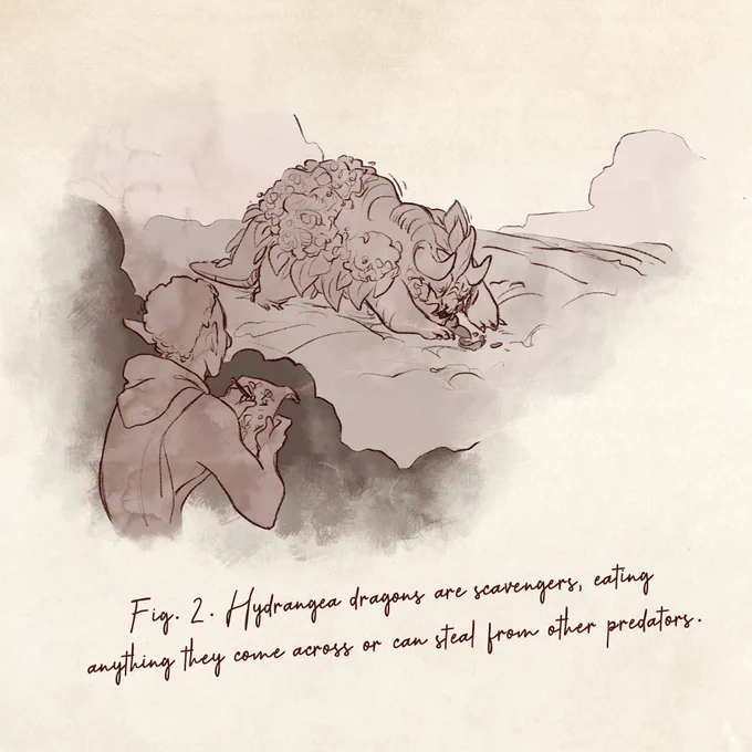 An elf looks on as a hydrangea dragon devours leftovers.

Caption: Fig. 2 Hydrangea dragons are scavengers, eating anything they come across or can steal from other predators.