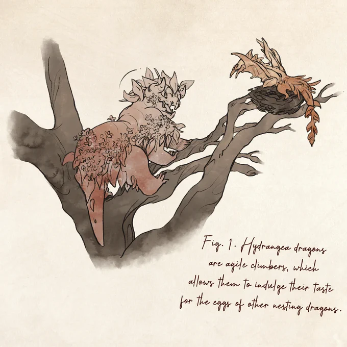 A hydrangea dragon climbs a tree branch toward a heliconia dragon nest.

Fig. 1 Hydrangea dragons are agile climbers, which allows them to indulge their taste for the eggs of other nesting dragons.