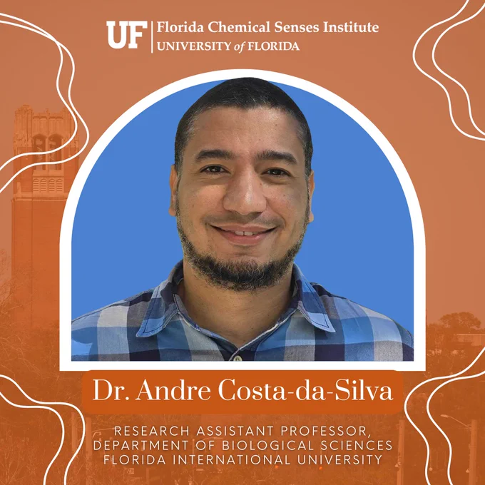 Headshot of Andre with text stating, "Dr. Andre Costa-da-silva, Research Assistant Professor, Department of Biological Sciences, Florida International University"