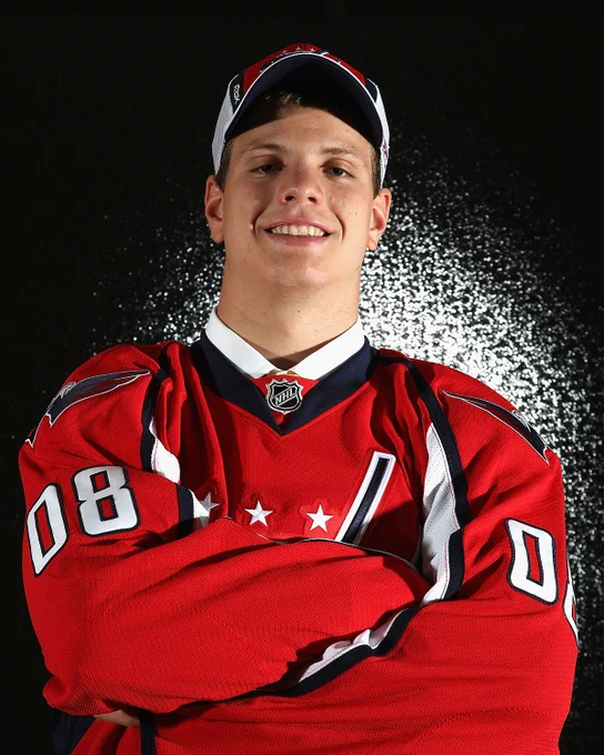2008 NHL Draft day portrait of John Carlson in a Capitals jersey.