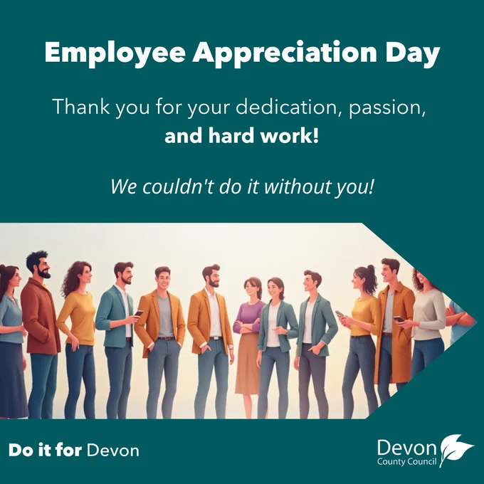 The graphic features a cartoon picture in the shape of an arrow, with many people standing together in a row. Above this are the words: "Employee Appreciation Day - Thank you for your dedication,passion, and hard work! We couldn't do it without you!"