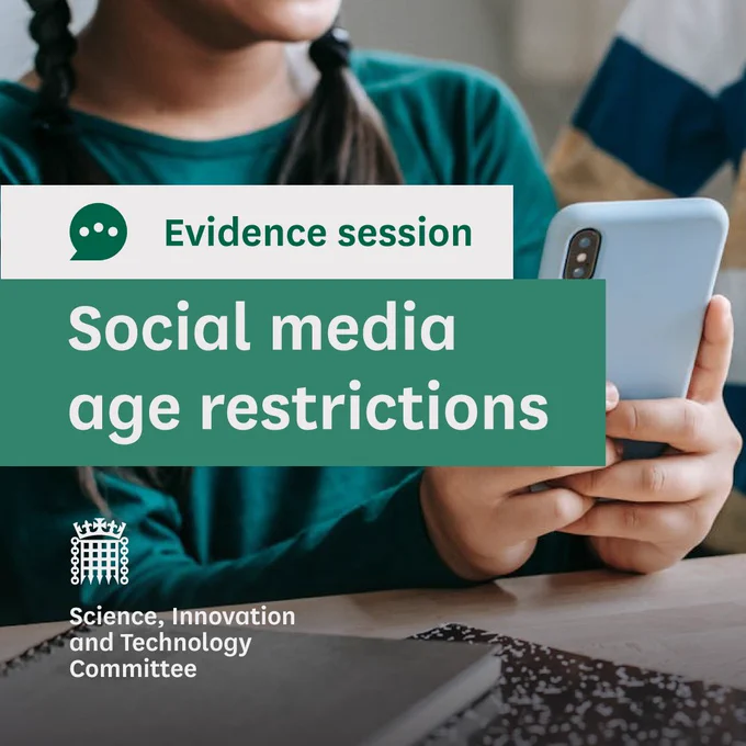 Evidence session.
Social media age restrictions.
Science, Innovation and Technology Committee.
Photo shows a young girl looking down at a smartphone whilst sat at a desk.
