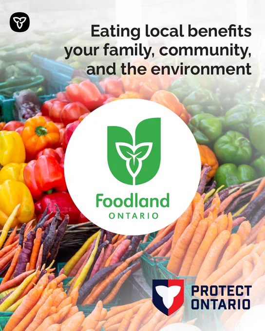 Colorful market produce with a message promoting eating local and the Foodland Ontario
