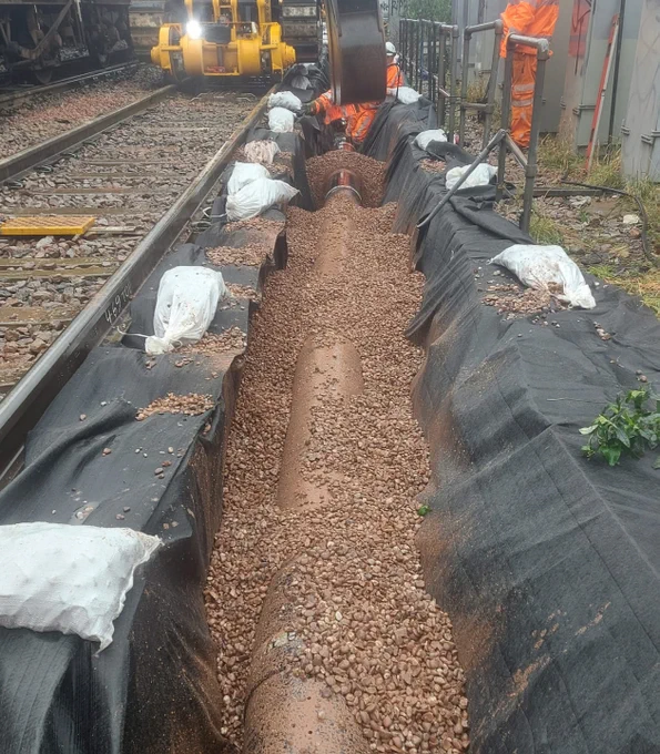 New drainage pipe in place after dig next to the railway