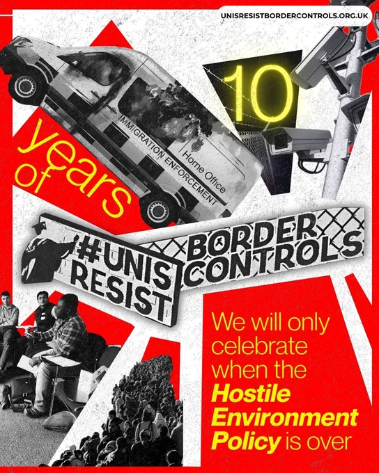 The image features a collage design with a red, black, and white color scheme. In the top left corner, there is a black-and-white image of a van labeled "IMMIGRATION ENFORCEMENT" with "Home Office" written on the side, slanted diagonally. Adjacent to the van is the yellow text "years of" and a large yellow "10" with a cracked texture. A surveillance camera is depicted in the top right. Below, large text in a stencil-like font reads "#UNIS RESIST BORDER CONTROLS." Along the left side, there are images of people sitting and engaging in discussion, and a long line of people marching, rendered in grayscale. On the right side, bold yellow text on a red background states, "We will only celebrate when the Hostile Environment Policy is over."