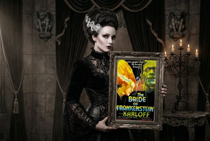Woman holding a framed poster print of "The Bride of Frankenstein".