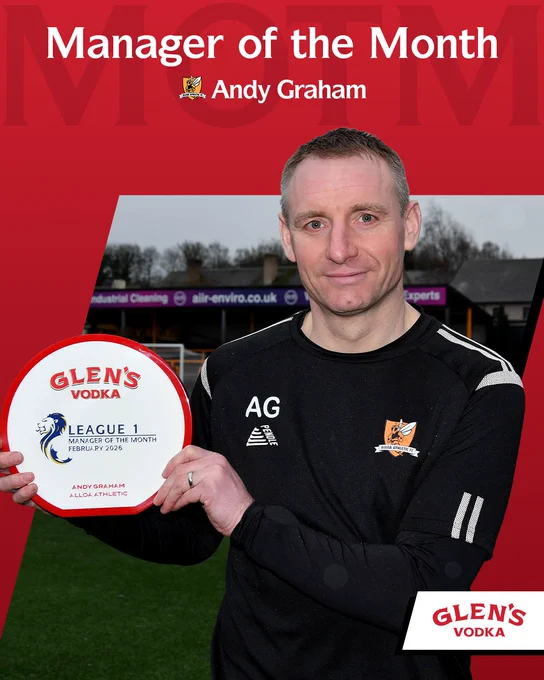 Alloa Athletic's Andy Graham with his Glen's Scottish League 1 Manager of the Month award for February 2026