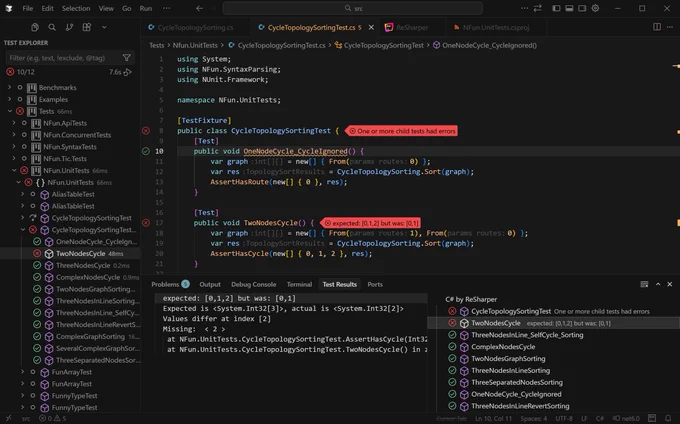 Unit testing in ReSharper inside Visual Studio Code. 