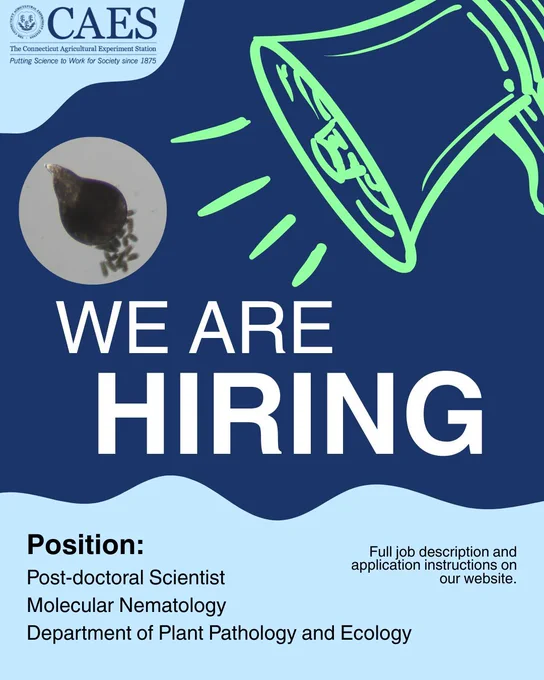 CAES 'We Are Hiring' recruitment flyer with a microscope image of a root-knot nematode releasing eggs. Position advertised: Post-doctoral Scientist, Molecular Nematology, Department of Plant Pathology and Ecology.