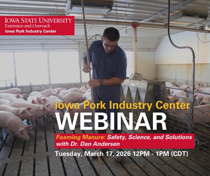 Employee checking manure pit levels in a swine barn. Graphic includes details about webinar date and time.