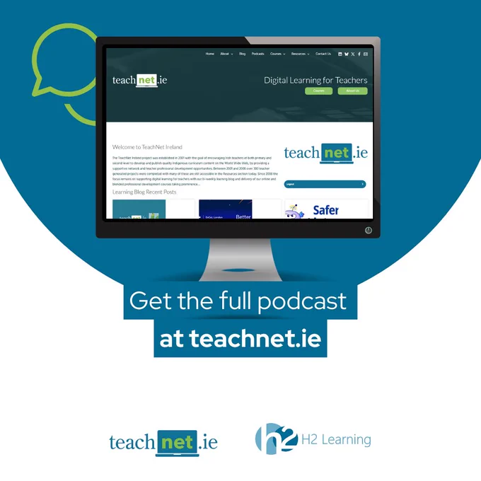 Graphic showing the TeachNet.ie website on a computer screen with the text “Get the full podcast at teachnet.ie