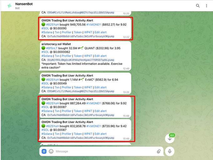 The Telegram alerts I received from Nansen for the X Money token.