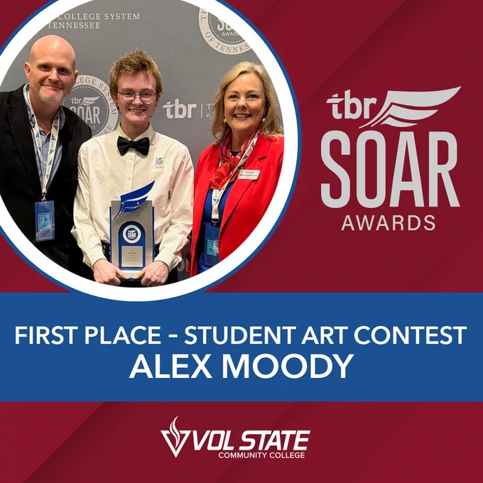 Student, Alex Moody, posing with the award. Image also includes the President and a TBR representative.