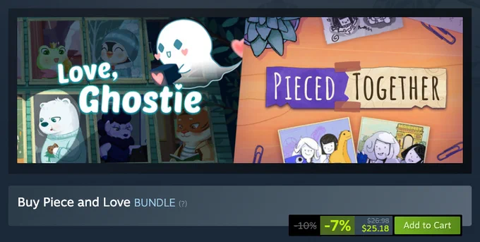 Screenshot of Steam bundle with both Love, Ghostie and Pieced Together for $25.18