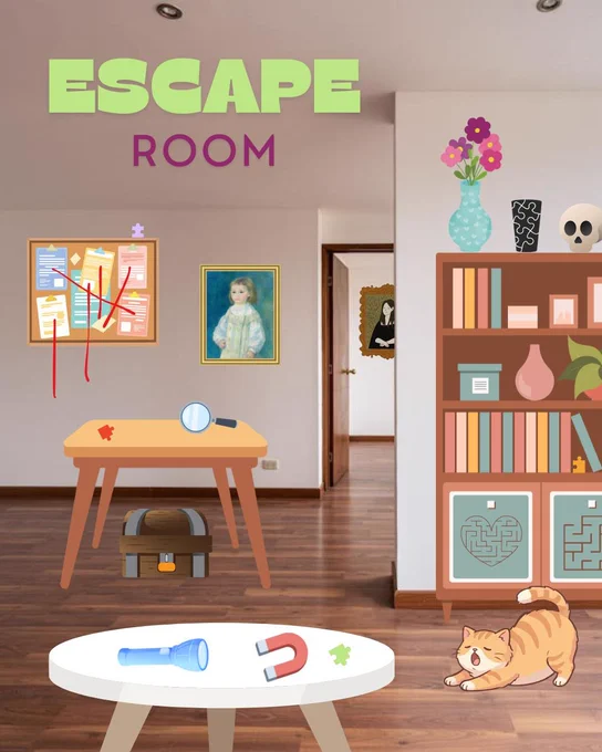 A photo of an empty room with digital graphics of furniture, items, art, and a cat added in. The top left says Escape Room. In the room are various tables, a bookshelf, a bulletin board with red string, portraits. A cat is yawning on the floor. The tables have items like a flashlight, magnifying glass, and magnet. The Puzzled Pint logo is on the bookshelf. Jigsaw puzzle pieces are scattered throughout the room.