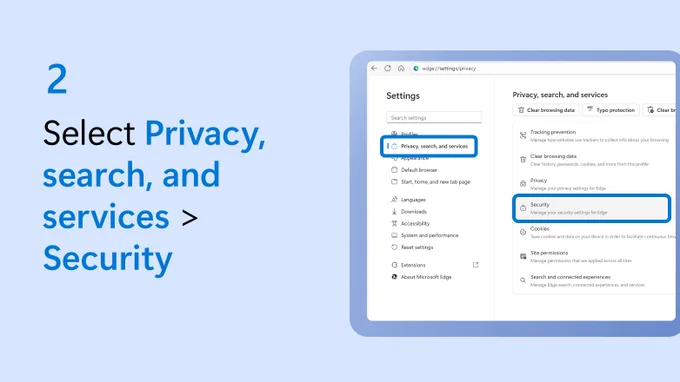 Text beside a partial screenshot of Microsoft Edge settings says select privacy, search, and services, then security.