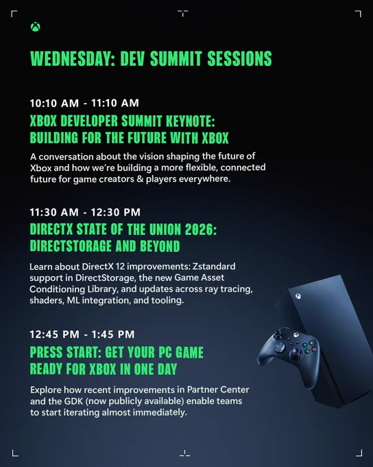 Wednesday: Dev Summit Sessions schedule listing three sessions: ‘Xbox Dev Summit Keynote: Building for the Future with Xbox’ at 10:10–11:10 AM, ‘DirectX State of the Union 2026: DirectStorage and Beyond’ at 11:30 AM–12:30 PM, and ‘Press Start: Get Your PC Game Ready for Xbox in One Day’ at 12:45–1:45 PM. (Alt generated by Copilot and reviewed for accuracy)