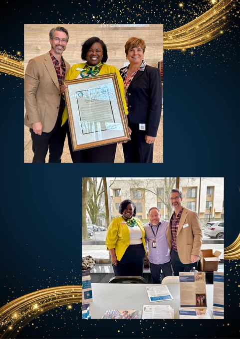 Collage of two photos on a dark blue background with gold sparkles and ribbon accents. Top photo: three people smiling indoors, with the person in the center holding a large framed certificate while the others stand beside them. Bottom photo: three people standing behind a table with informational brochures, posing together in front of large windows.